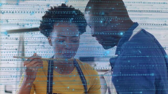 Woman offering wooden spoon, man leaning in sampling food, blue scanline overlaying, both smiling