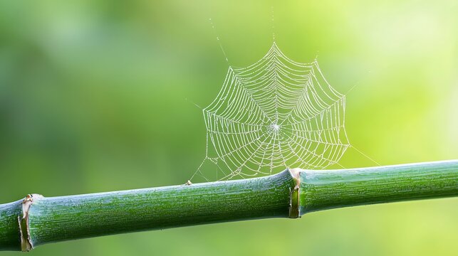 Delicate Spider Web Hanging on a Green Bamboo Stem in Soft Natural Background Light