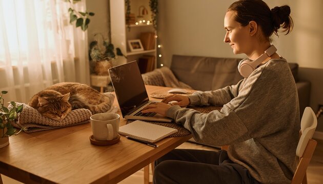 Cozy Workspace Serenity: A person works on a laptop at a warm, inviting wooden desk in a softly lit room, while a ginger cat naps peacefully on a cushion nearby.