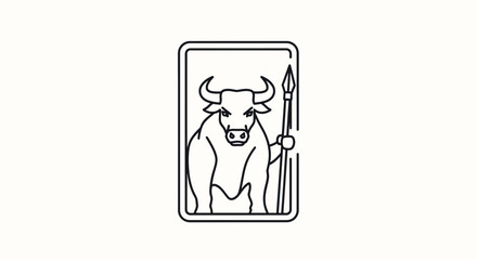 Fototapeta premium Strong Bull Warrior Holding Spear, Powerful Animal Emblem, Bold Line Art