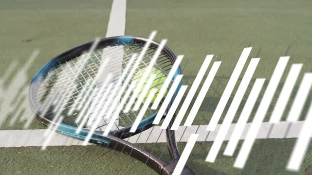 Tennis racket, ball resting on court, white bars sweeping across highlighting racket for sports ad