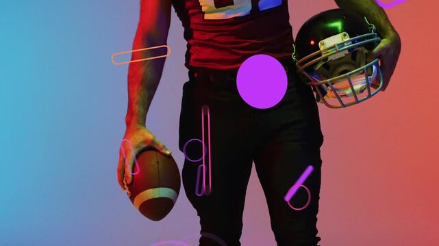 Male player holding ball, helmet shifting grip as neon shapes entering left hiding ball for sports
