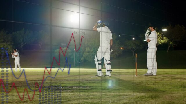 Batter playing shot on bowler delivery, keeper crouching, cricket data showing shot performance pct
