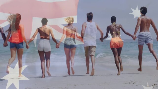 Seven adults linking hands starting on sand moving to surf flag aligning unity marketing