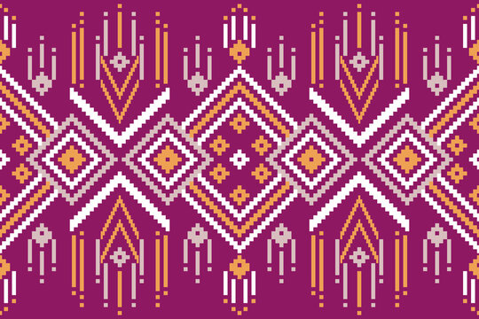 Seamless Pixel Tribal Ikat Pattern in Magenta, Orange and White