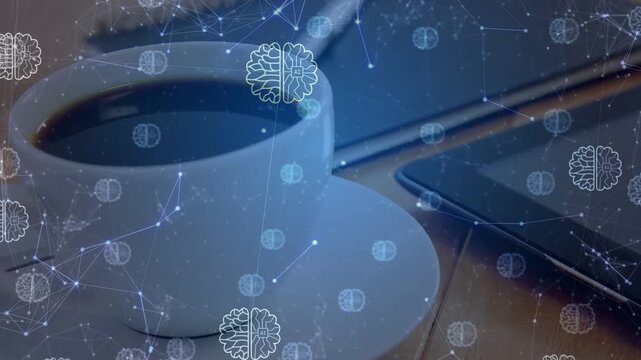 Camera pushing closer across workspace, cup becoming larger while neural icons drifting showing AI