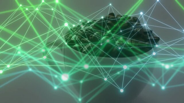 Animation starting, glowing network sweeping over white mug, nodes brightening, revealing dark item