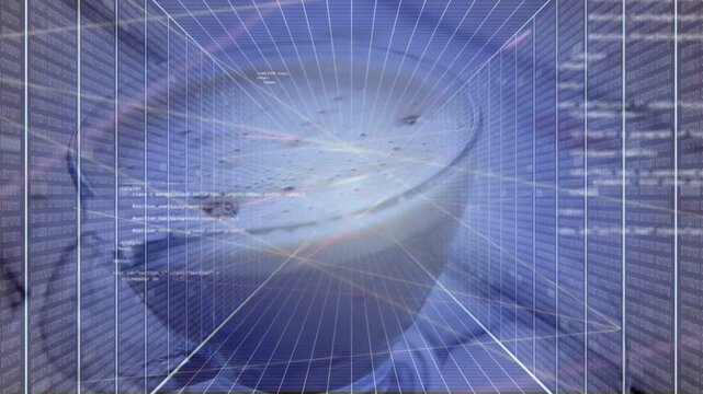 Animation playing revealing cylinder tilting forward in wireframe tech tunnel with streaks and code
