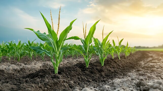 Fresh Green Corn Plants Growing in a Beautiful Field Under a Sunrise Sky