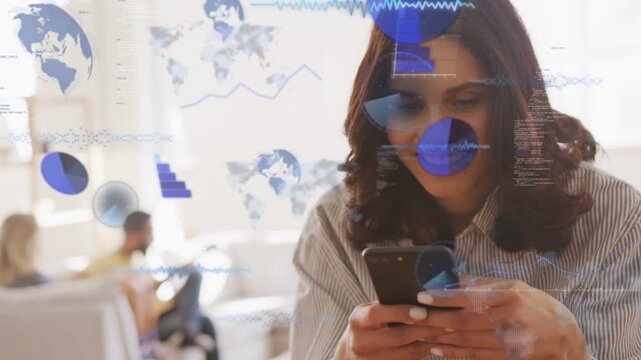 Woman tapping phone in lounge causing blue charts maps graphs expanding, receding, viewing data