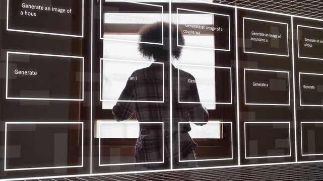 Woman at wooden window seeing tech overlays, raising arms and pulling sash, revealing UI tiles