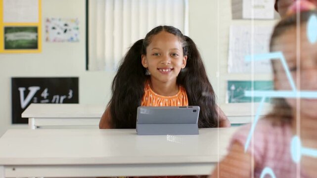 Student using tablet in classroom, peer running past activating blue schematic overlay for learning