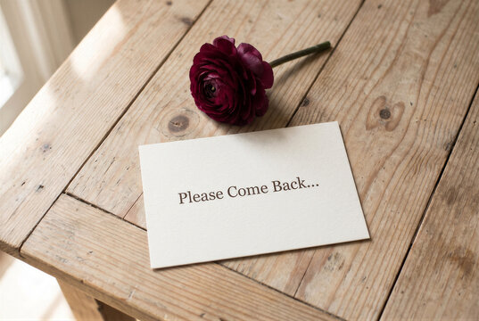 A dark red ranunculus flower and a note with the text please come back on a rustic wooden table