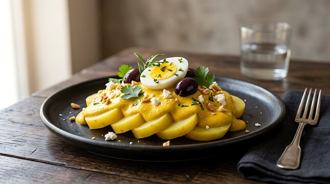 Peruvian causa potato dish with boiled egg olives herbs dark plate gourmet