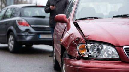 Car accident on the road, damaged red car after a collision with a dark grey vehicle, driver standing in the background using a phone