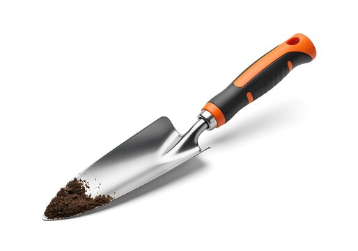 Garden trowel small shovel with orange black handle isolated white background