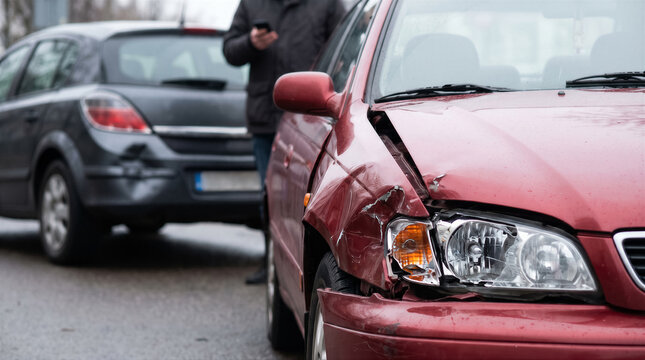 Car accident on the road, damaged red car after a collision with a dark grey vehicle, driver standing in the background using a phone