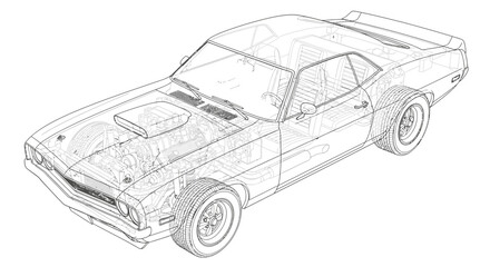 Fototapeta premium A detailed illustration of a vintage muscle car speeding on a road
