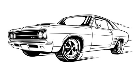 Naklejka premium A vintage muscle car speeds along a straight road in a dynamic motion illustration.