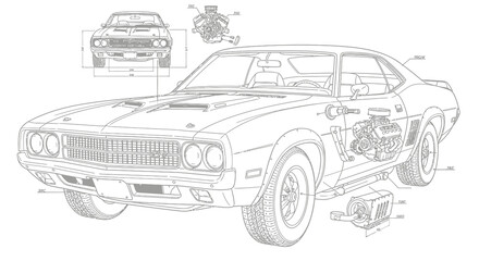 Fototapeta premium Detailed illustration of a muscle car showcasing its engine and components