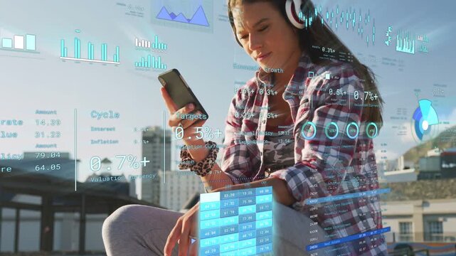 Woman on rooftop tapping phone, launching financial HUD with charts, rates, checking portfolio