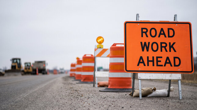 Road work ahead sign on a highway construction site with orange traffic barrels and heavy machinery in the background