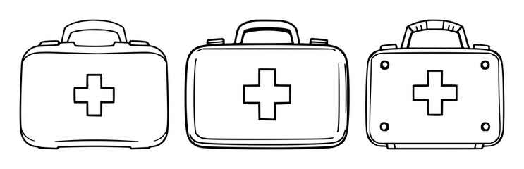 Fototapeta premium First aid kit set with black line art on white background featuring medical, supplies, icons with red and blue and yellow