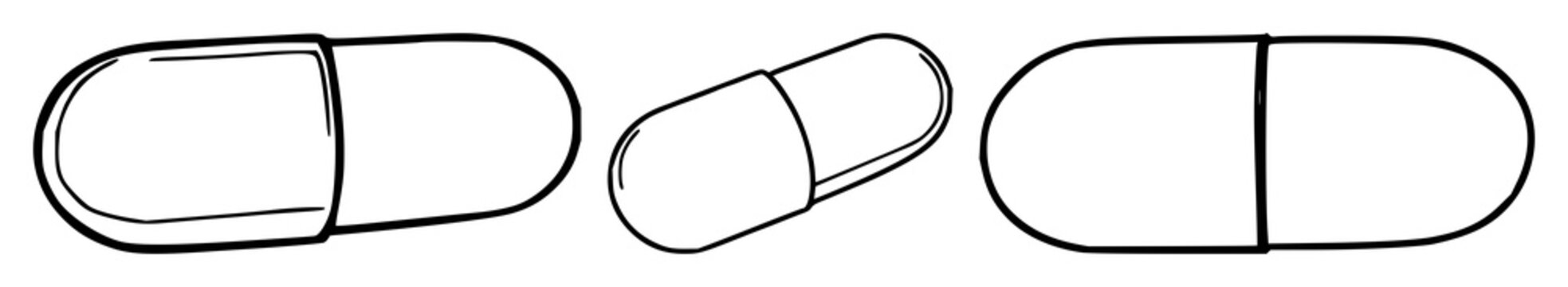 Pill capsule set with black line art on white background featuring medical, pharmaceutical, dosage with illustration and vector