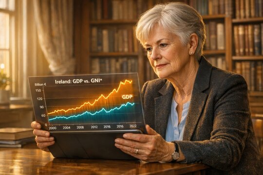 Senior economist reviewing Ireland GDP vs GNI data on digital tablet interface