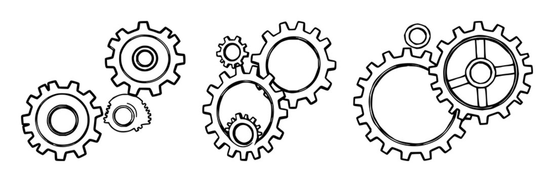 Interlocking gears set with black line art against white background featuring mechanical, engineering, design with gears, cogs, machinery