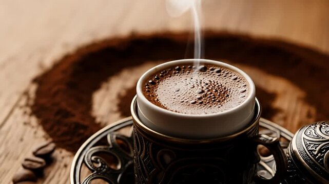 A steaming cup of coffee rests on an ornate coaster, set against a swirl of coffee grounds