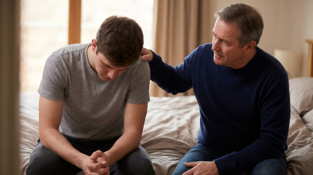 Father comforting his teenage son sitting on the edge of a bed in a bedroom, offering emotional support and guidance during a difficult time
