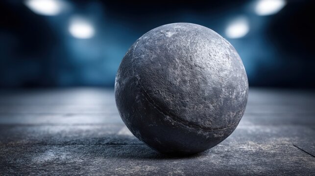 Close Up of a Dark Textured Medicine Ball on a Concrete Floor, Ready for Intense Strength Training Workouts