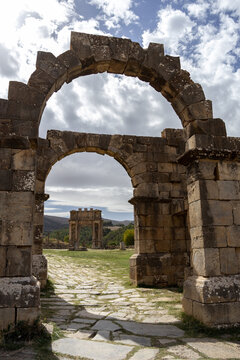 View from the Severan Temple across the Dj&eacute;mila forum toward the double arches
