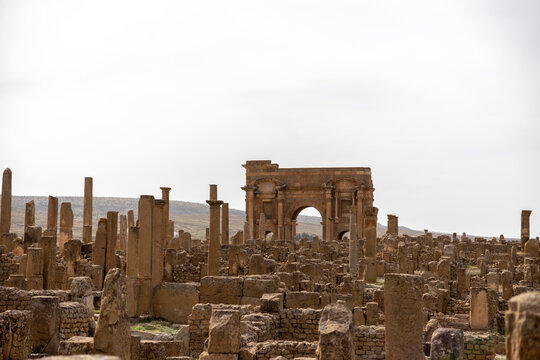 Trajan's Arch at Timgad &mdash; wide view showing all three gateways