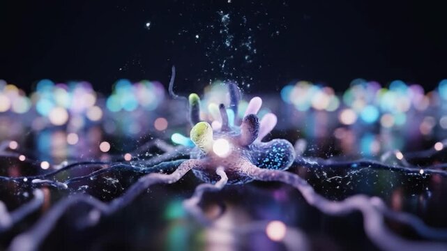 A vibrant, microscopic view of a neuron cell with glowing dendrites and axon, set against a dark background with colorful bokeh lights, conveying a se