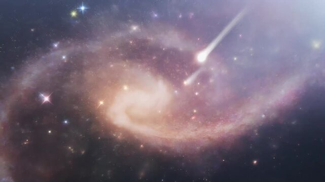 Abstract galaxy space background with streaking celestial object, glowing stars, deep universe atmosphere and cosmic motion