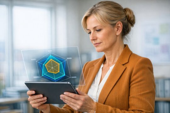 Businesswoman analyzing multidimensional performance metrics with radar chart interface