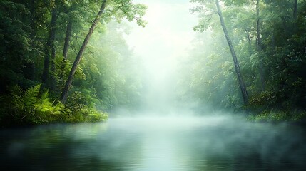 Fototapeta premium Serene Foggy Landscape with Lush Green Trees and Tranquil Reflections on Calm Water