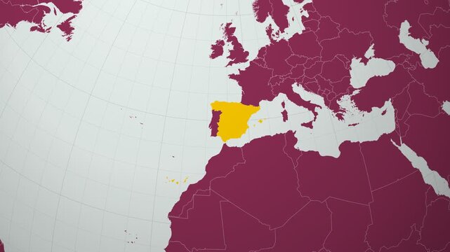 Spain map. Animated zoom into the country on the Globe in Pale Mint Dark Pink color palette. Country logo animation with round text and airplanes. Map with meridians, parallels. Charming video.