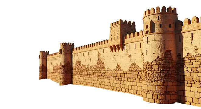 Imposing ancient fortress wall featuring weathered stone towers and battlements under warm sunlight against a black backdrop