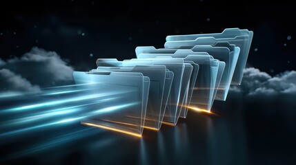 Fototapeta premium Futuristic digital folders in a glowing blue light streak across a dark background, symbolizing fast data transfer and modern file management.