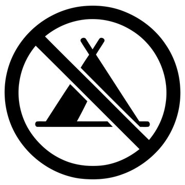 This clear vector graphic illustration provides a universal prohibition symbol indicating no camping or tents allowed in a designated area.