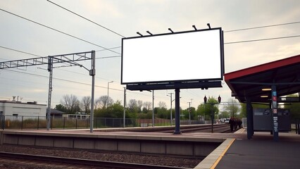 Obraz premium Blank billboard at a train station with overhead wires and tracks
