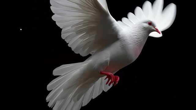 White Dove Flying with Wings Spread on Black Background