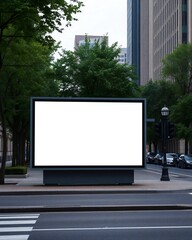 Fototapeta premium Blank billboard in urban city street with trees and buildings