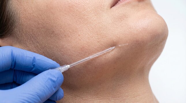 macro aesthetic of gloved hands inserting dissolvable PDO threads under skin for lifting procedure