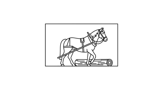 Horse Pulling Log Outline Vector Illustration