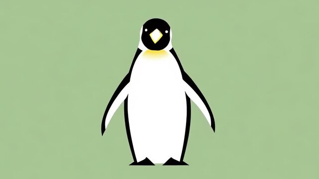 Minimalist 2D Animated Emperor Penguin Waddling on Green Background