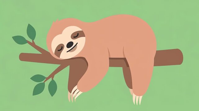 Cute Cartoon Sloth Sleeping on a Tree Branch
